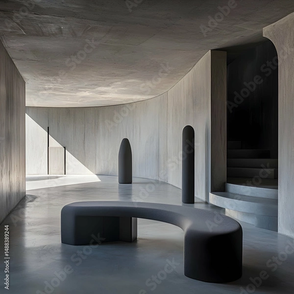 Fototapeta Modern curved bench in minimalist concrete interior hallway, sunlight streams through window, stairs in background; design, architecture