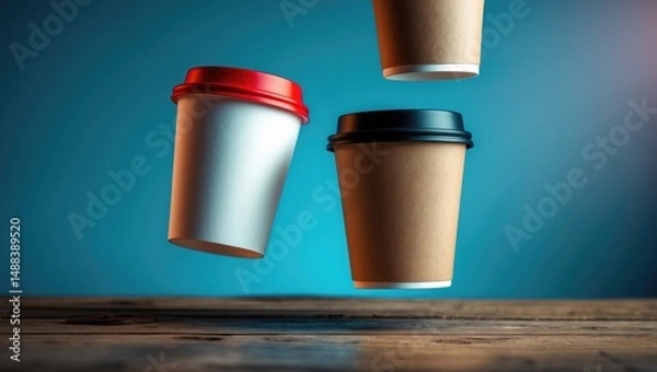 Fototapeta Single-use paper coffee cups in a suspended background. Coffee-to-go theme. Abstract backdrop