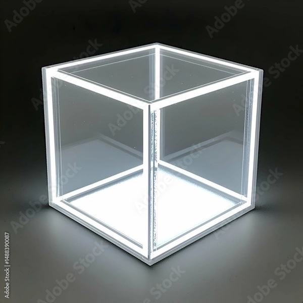 Fototapeta Illuminated glass cube on dark background; showcasing product display or minimalist design