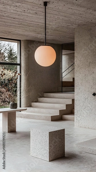 Fototapeta Modern home interior, minimalist staircase, large window, natural light, tranquil ambiance, architectural photography for design inspiration