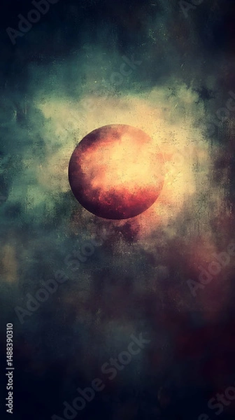 Fototapeta Glowing planet amidst dark clouds; cosmic fantasy background, ideal for sci-fi or fantasy projects