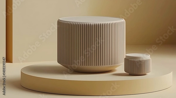 Fototapeta Beige Cylindrical Display Stands on Platform; Minimalist Product Showcase; Studio Background; Mockup