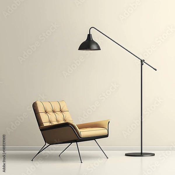 Fototapeta Tan leather armchair and floor lamp in minimalist room. Perfect for interior design websites or magazines