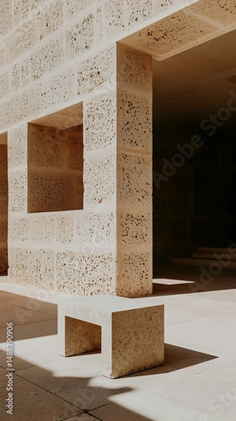 Fototapeta Sunlit stone bench in modern building courtyard; architectural detail, tranquil background; ideal for design, architecture, or real estate