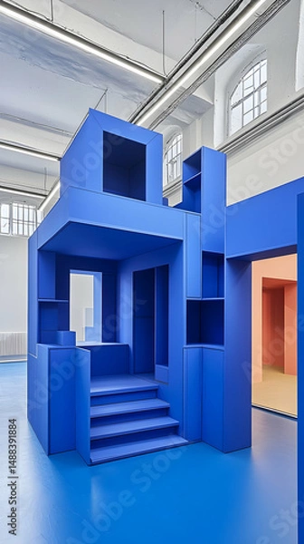 Fototapeta Blue modular play structure in a bright room, kids' play area in modern building, indoor playground design