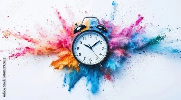 Fototapeta Colorful explosion surrounding a classic alarm clock