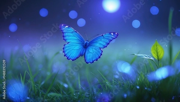 Obraz Butterfly on the grass of a meadow at night illuminated by the moonlight in shades of blue and purple, macro. A stunning magical artistic vision of a dream.