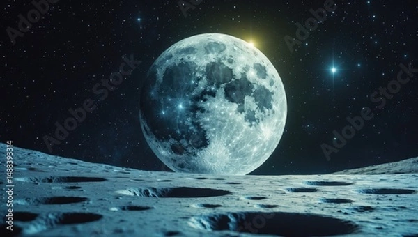 Fototapeta The surface featuring craters in outer space with stars