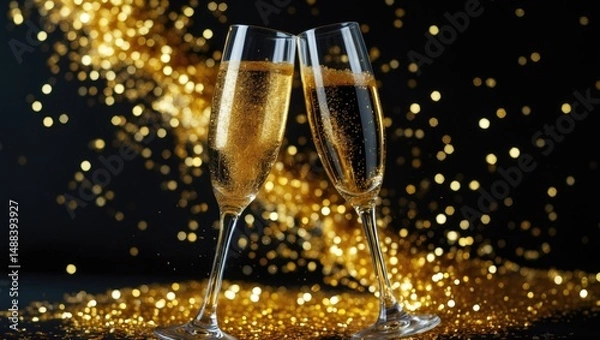 Fototapeta A flat lay of two champagne glasses toasting with golden glitter against a dark background. Celebration motif