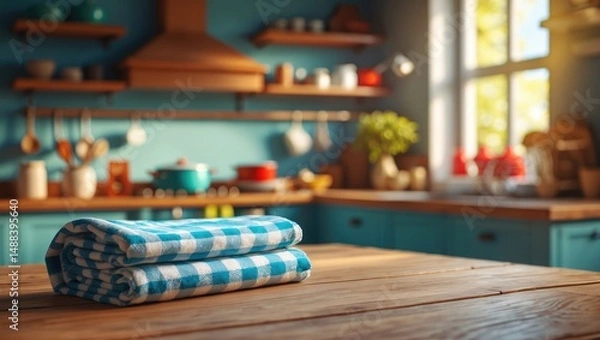 Fototapeta Plaid towel resting on a wooden surface. Area for text