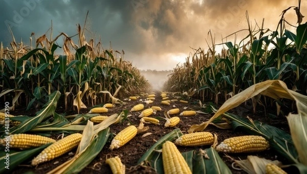 Fototapeta cornfield experiencing significant hail destruction
