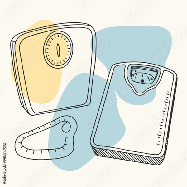 Fototapeta Minimalist illustration of weight scales and tape measure with colorful backgrounds