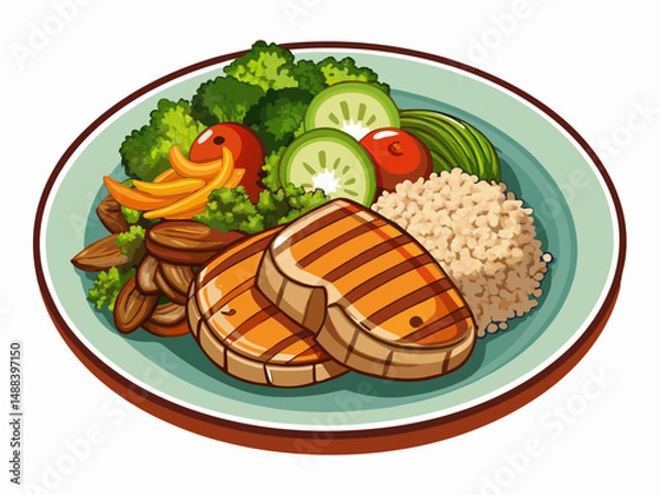 Fototapeta A plate with grilled chicken, brown rice, and broccoli arranged neatly. White background, balanced fitness meal