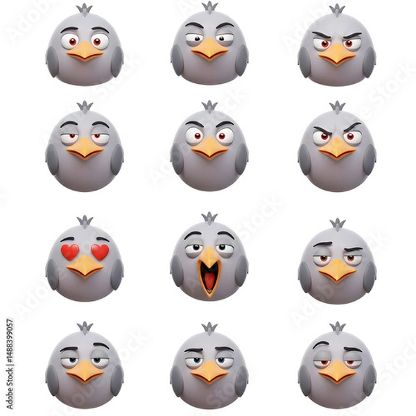 Fototapeta Grey bird characters set with diverse expressions