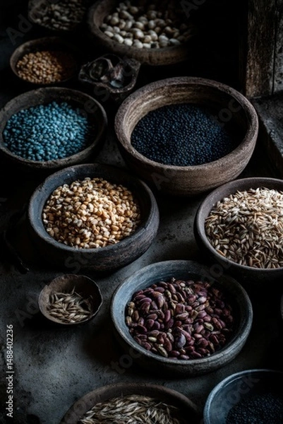 Fototapeta Culinary ingredients displayed in traditional bowls on rustic table