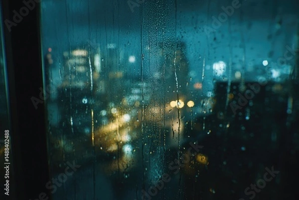 Fototapeta Rainy night city view seen through a rain-streaked window