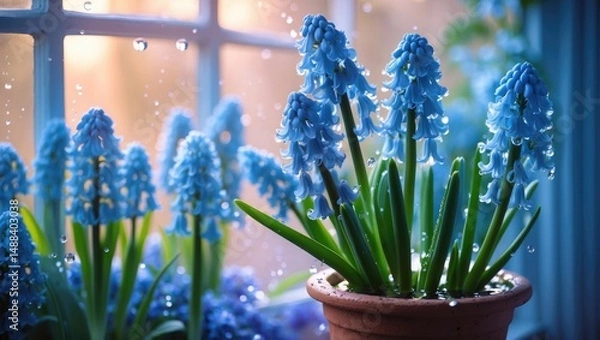 Fototapeta Potted Hyacinths on the Window. Floral Arrangement. Spring Greeting Card with Text Space.
