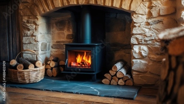 Fototapeta Cottage interior showcasing a wood burner fireplace, hearth, and basket for log storage.