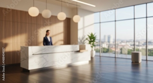 Fototapeta Reception area with a person behind a desk and large window view.
