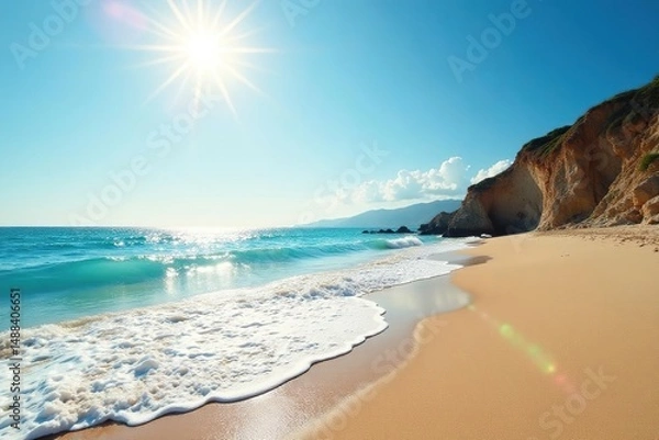 Obraz Sun-drenched, deserted beach; waves lapping shore, blue, alone, natural