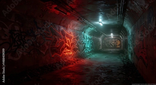 Fototapeta Mysterious Underground Tunnel with Neon Graffiti and Colorful Lights in Atmospheric Darkness
