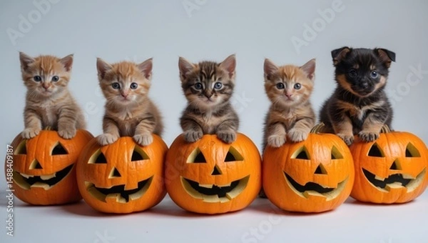 Fototapeta A row of charming puppies and kittens on six intricately carved pumpkins. Isolated on a white surface.