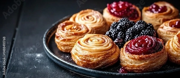 Fototapeta Assorted Pastry Swirls with Berries on a Dark Plate