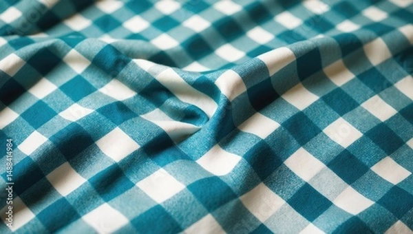 Fototapeta Sewing cotton fabric with blue and white checkered pattern, textured background close-up