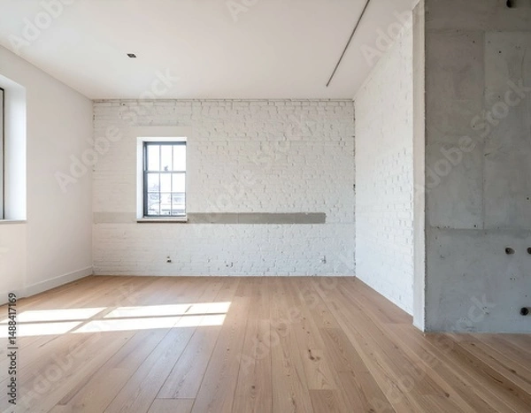 Fototapeta Empty room with white brick walls, light wood floor, and a window. Perfect for design, real estate, and interior design projects.