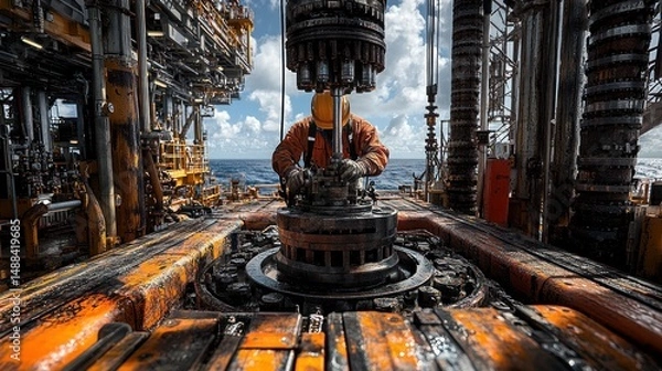 Obraz Oil rig worker maintaining machinery