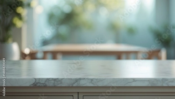 Fototapeta Display concept featuring a white marble table set against a blurry bathroom backdrop.