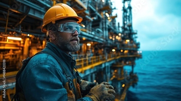 Obraz Oil rig worker overlooking the ocean