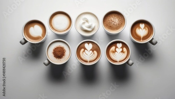 Fototapeta Overhead view of five cups illustrating the stages of cappuccino preparation with space for text.
