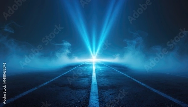 Obraz Desolate street scene with blue rays and smoke in the background