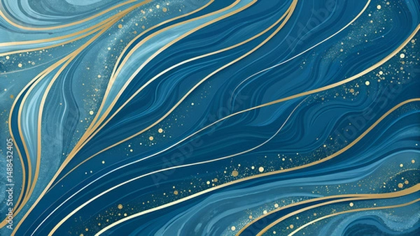 Fototapeta Abstract luxury background with flowing blue waves, gold glitter accents, and marble texture design, perfect for elegant branding, modern wallpaper, or upscale digital and print graphics.