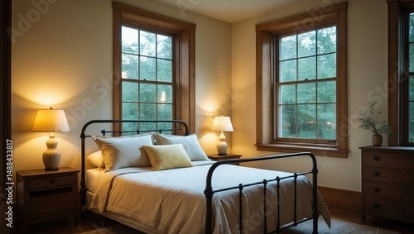 Obraz Radiant yellow bedroom layout incorporating a metal bed frame and windows.