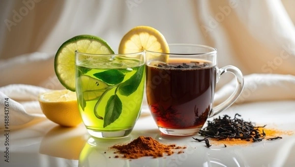 Obraz Traditional beverage lime tea, featuring black tea and lemon spices. Two glasses of herbal or organic ayurvedic green tea, great for enhancing immunity during winter.