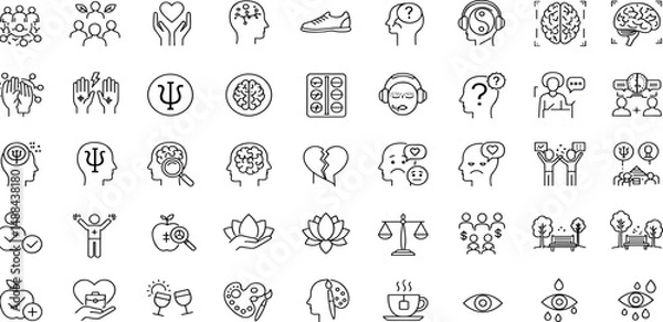 Fototapeta Mental Health Line Editable Icons set. Vector illustration in modern thin line style of medical icons: components of a healthy lifestyle and mental balance.
