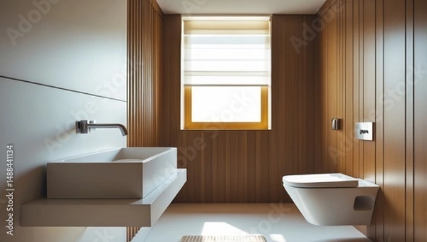 Obraz Foreground view of a stylish bathroom with the washbasin, sanitaryware, and wainscoting