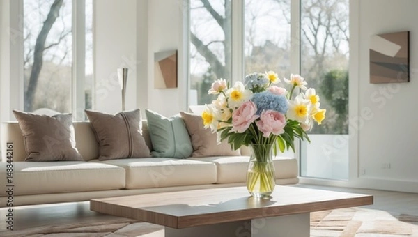 Fototapeta Modern room interior featuring a cozy sofa and a table adorned with spring flowers