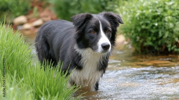 Fototapeta Border Collie Dog Shaking Off Water After Playing in Stream Surrounded by Lush Green Grass and Foliage