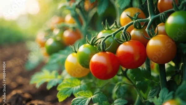 Obraz Fresh red and green tomatoes from a beautiful agricultural farm garden