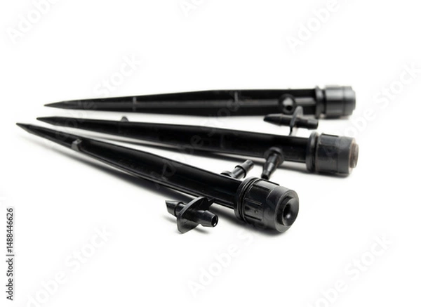 Fototapeta Isolated lawn sprinkler set with 360 degrees dripper. Set of small black irrigation sprinkler heads for watering garden and lawns. Full circle pattern for uniform watering. Selective focus.