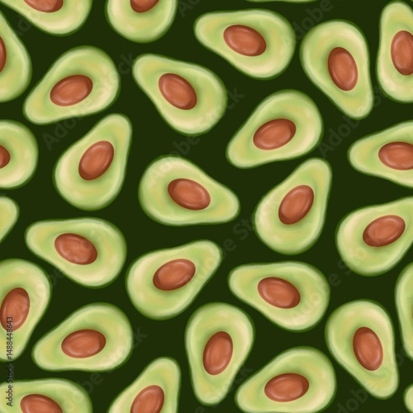 Fototapeta Seamless pattern with avocados on green background. Watercolor surface design of avocado halves for textile design, healthy food branding or eco packaging.