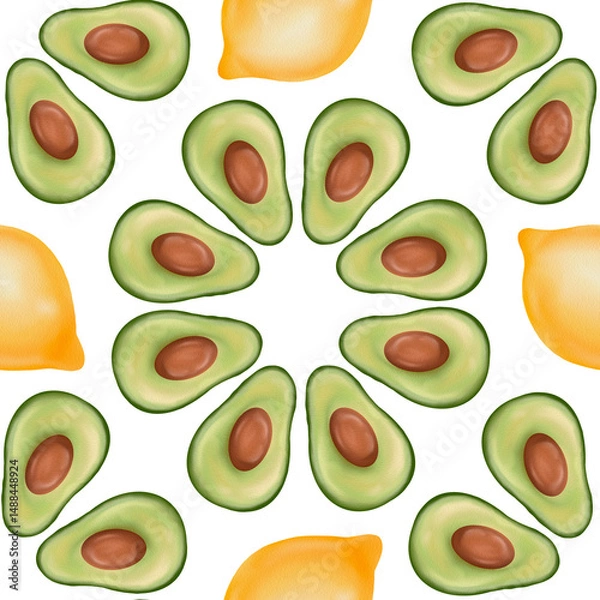 Fototapeta Seamless pattern with lemon and avocado in watercolor style. Tropical fruit background combining avocado and lemons, healthy design for food branding, packaging, greeting card, wrapping.