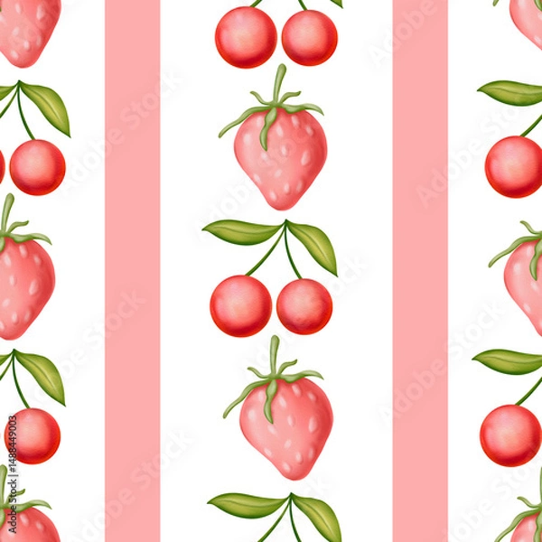 Fototapeta Strawberry and cherry vertical seamless pattern on pink and white stripes. Hand drawn background for wrapping paper and textile design, wedding invitations, greeting cards.