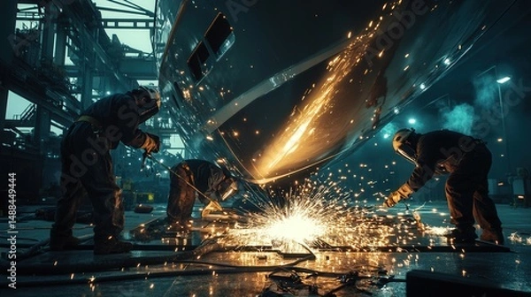 Fototapeta Skilled welder working on shipbuilding, sparks flying, industrial environment, safety gear, metal fabrication, construction, close-up shot.