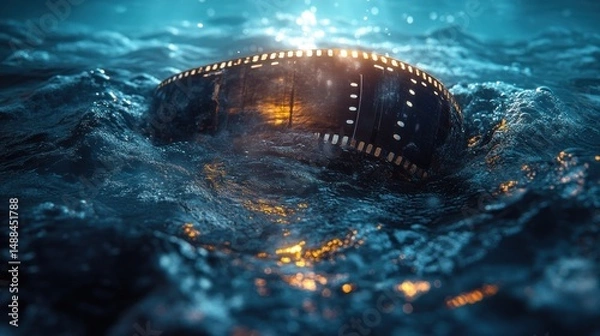 Fototapeta Old film reel submerged in turbulent water