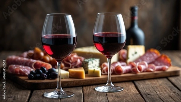 Fototapeta Pairing red wine with a delicious charcuterie and antipasti selection