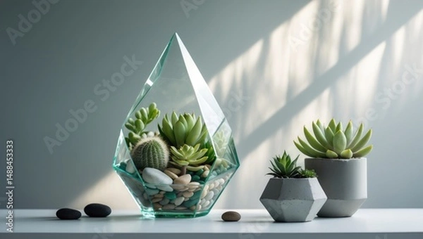 Fototapeta Succulent plants in a geometric glass vase and a miniature in a concrete pot on a white tabletop with a grey backdrop, showcasing a small garden with cactus and crassula.